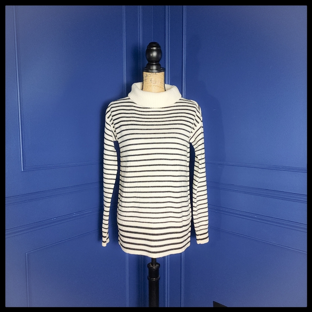 New! ATM Anthony Thomas Melillo Striped Black and Ivory Wool Turtleneck